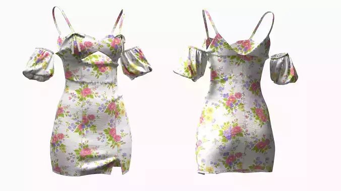 Floral Puff Sleeve Cutout Dress 3D Model for CLO MD