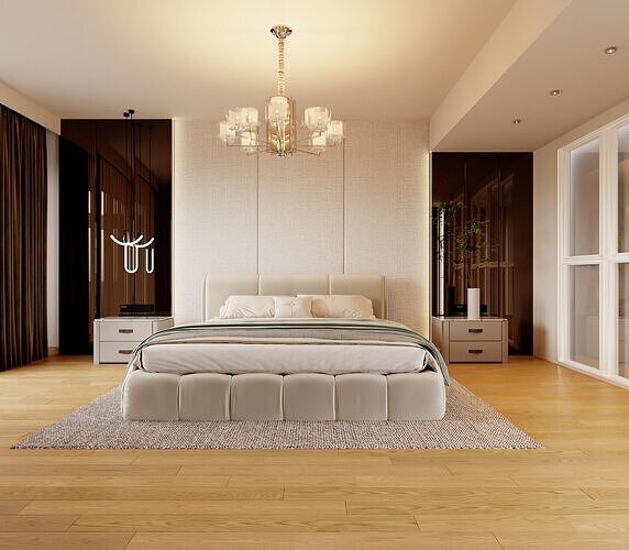 Modern Contemporary Bedroom  Living Room Interior Scene  Low-poly 3D model
