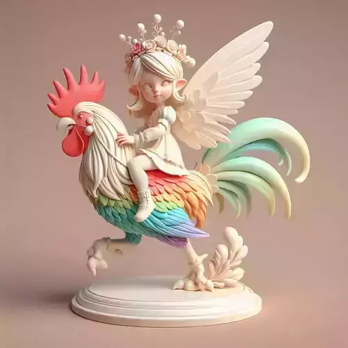 893  3D Printed   Statue of  Fairy on Colorful  Rooster