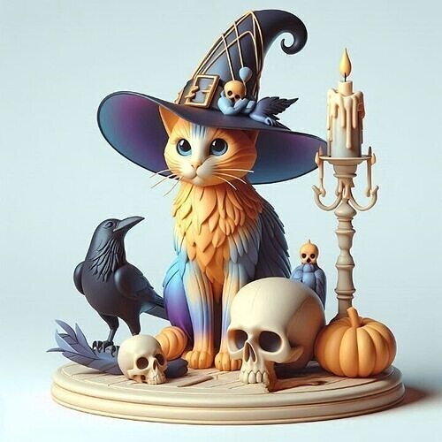 894 Witch Cat Composition Skull  Raven  Candleholder 3D print model