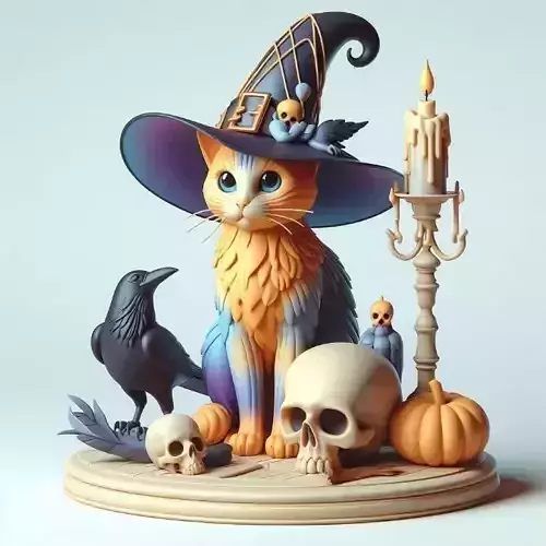 894 Witch Cat Composition Skull  Raven  Candleholder
