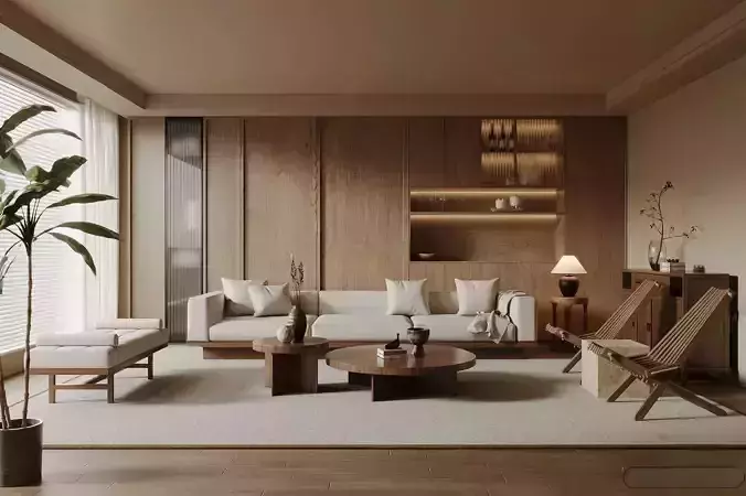 Living Room 3D Interior Scene Wabi Sabi Style 262