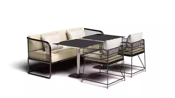 Set of metal sofa and armchairs with stainless steel stool table