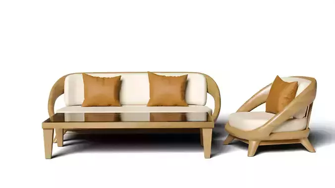 A set of wooden sofa and glass top table