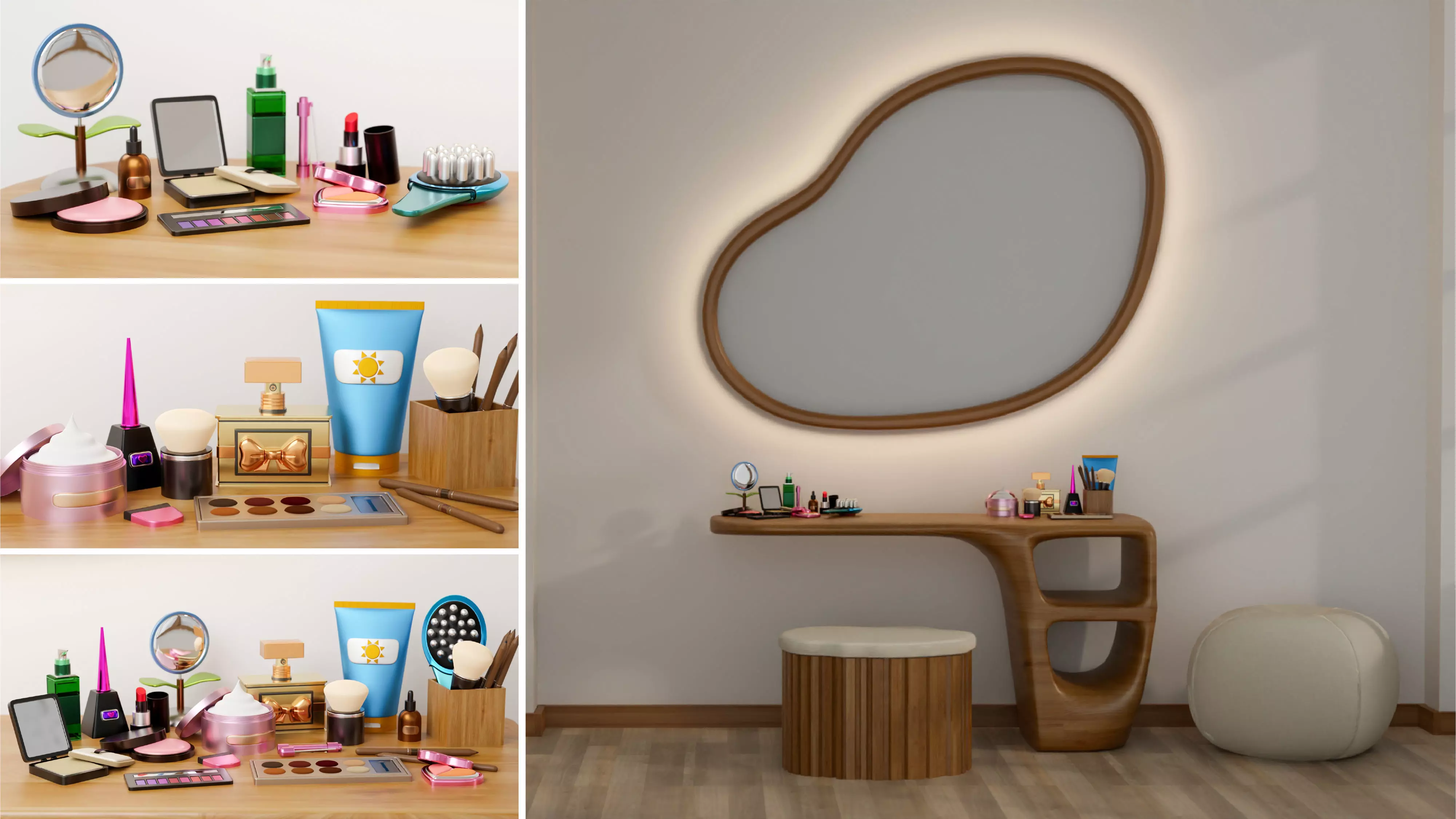 Set of make up wooden table with wall mirror and stool chair 3D model