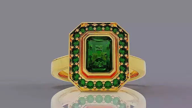 Cathedral style bezel set radiant shape diamond halo ring