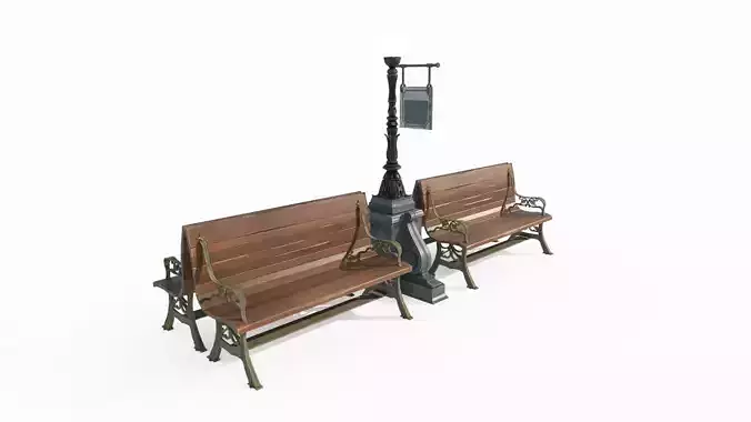 Classical bench streetlights 3D model