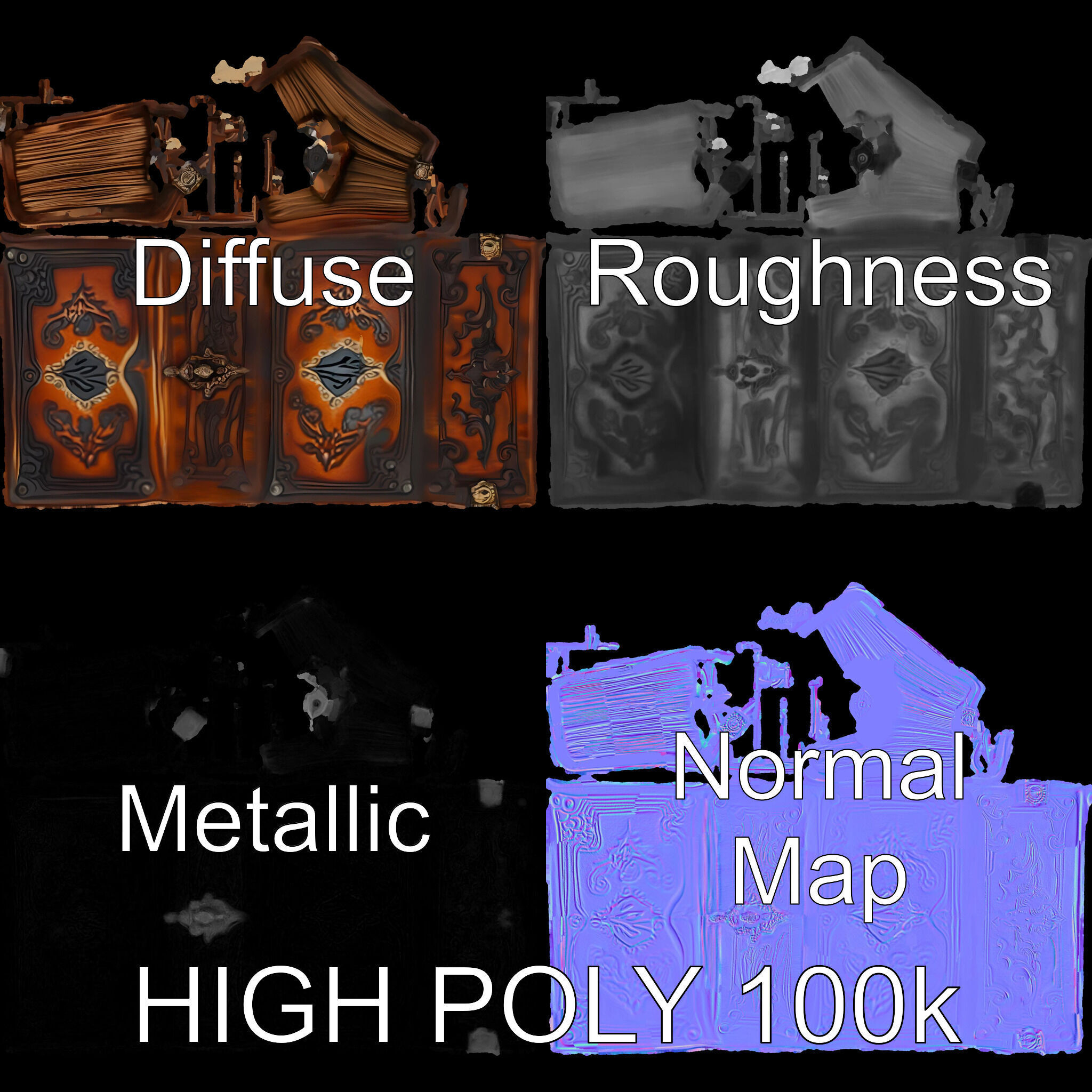 Ornate Antique Book Model Pack for Interactive Environments Low-poly 3D model_3