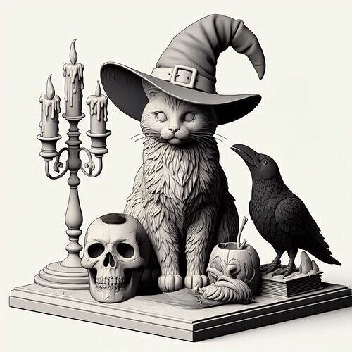 897 Witch Cat Composition  Skull  Raven   Candleholder  3D print model