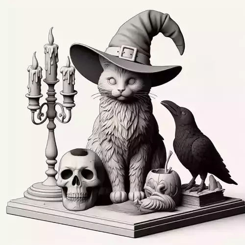 897 Witch Cat Composition  Skull  Raven   Candleholder 