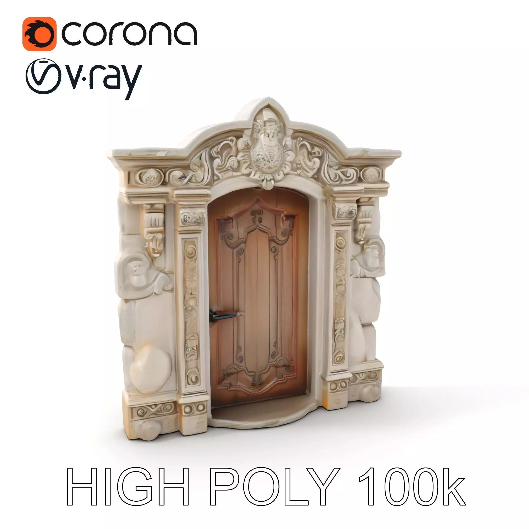 Ornate Wooden Door with Stone Architrave Model Pack Low-poly 3D model_0