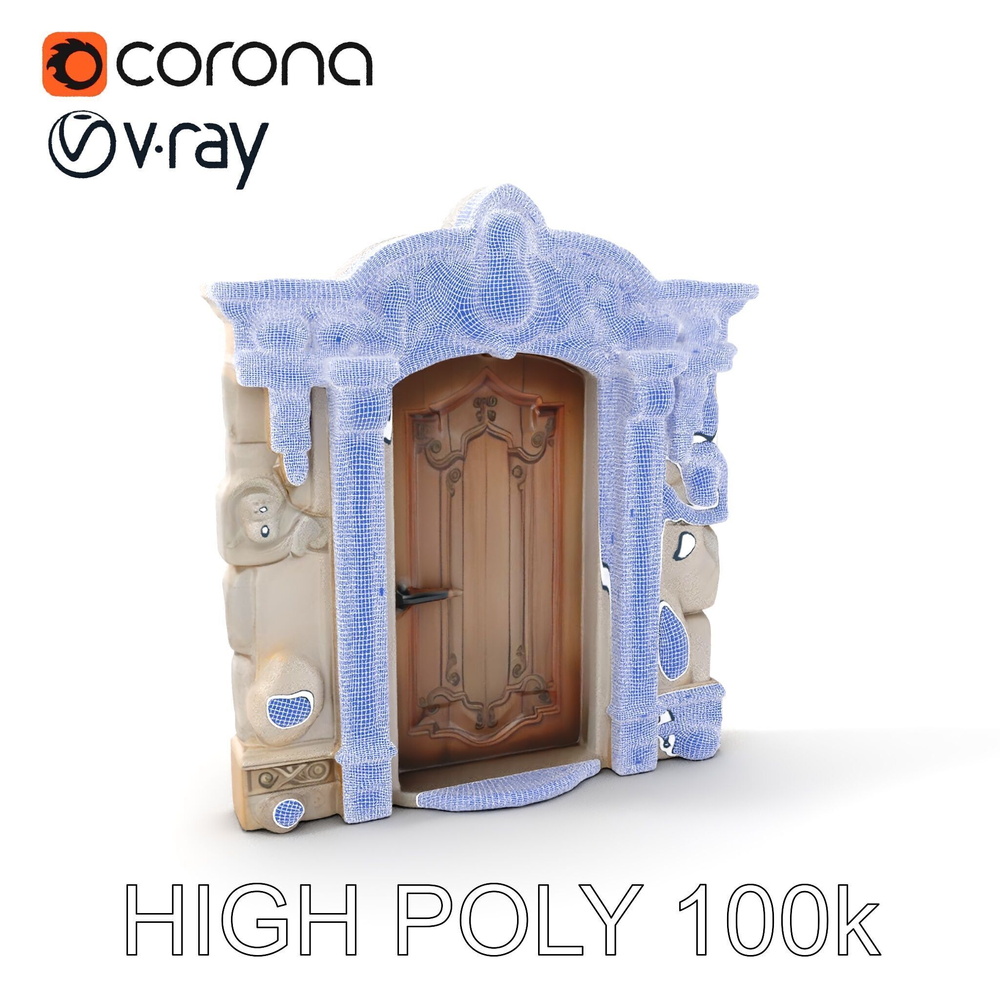 Ornate Wooden Door with Stone Architrave Model Pack Low-poly 3D model_5