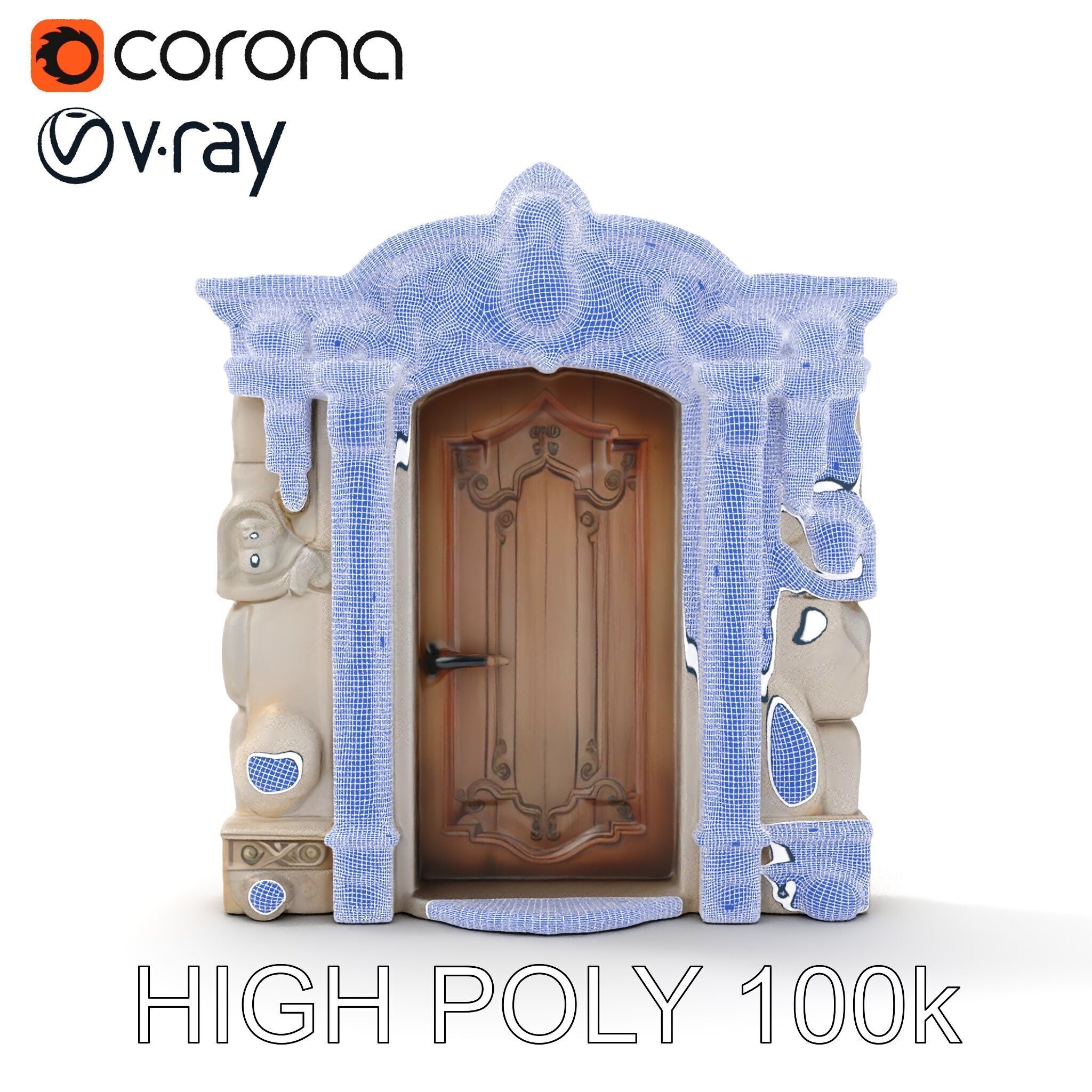 Ornate Wooden Door with Stone Architrave Model Pack Low-poly 3D model_36