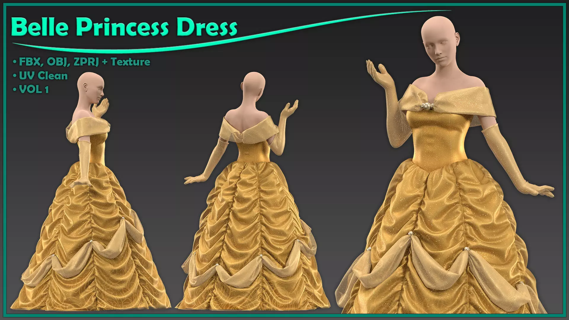 Belle princess dress with texture 3D model