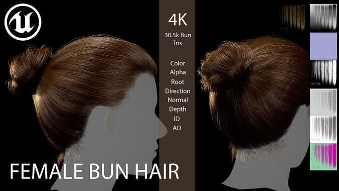 Real-Time Female Bun Hairstyle  Game-Ready Hair Asset Low-poly 3D model