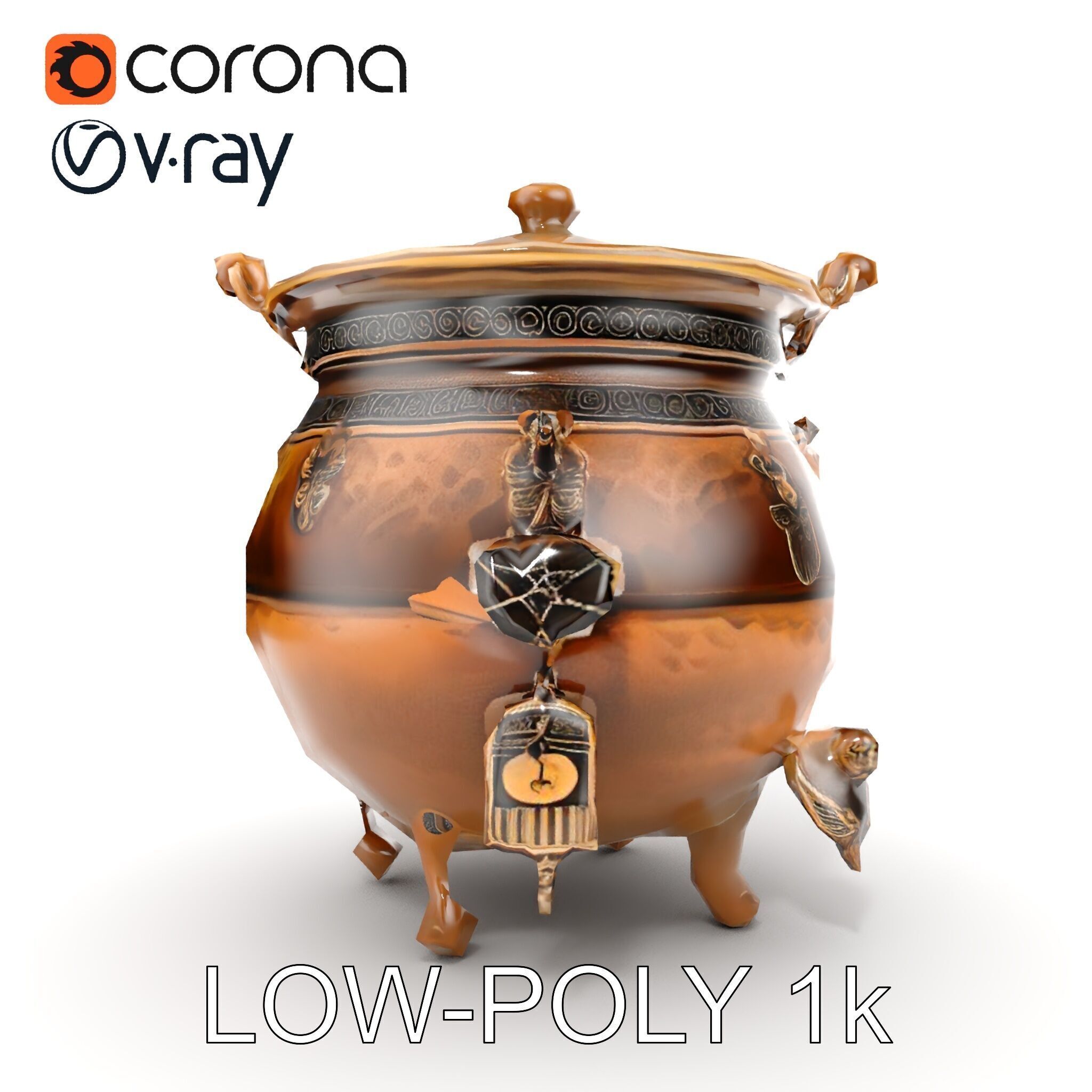 Ornate Bronze Cauldron with Charms Model Pack Low-poly 3D model_18