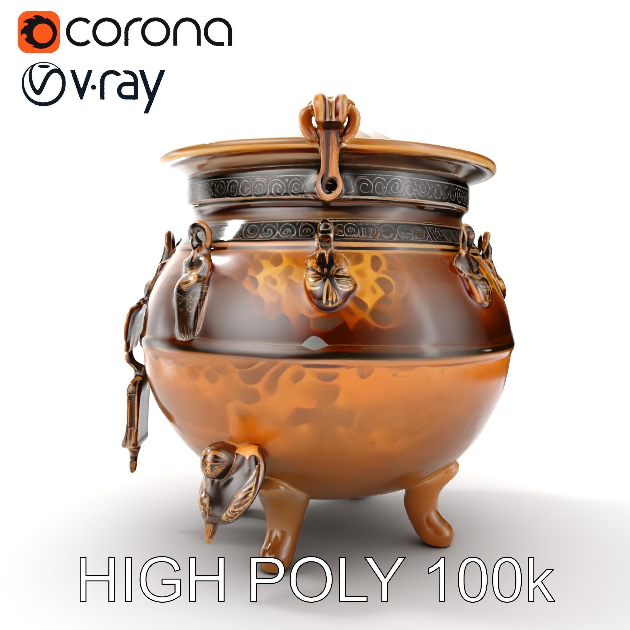 Ornate Bronze Cauldron with Charms Model Pack Low-poly 3D model_13