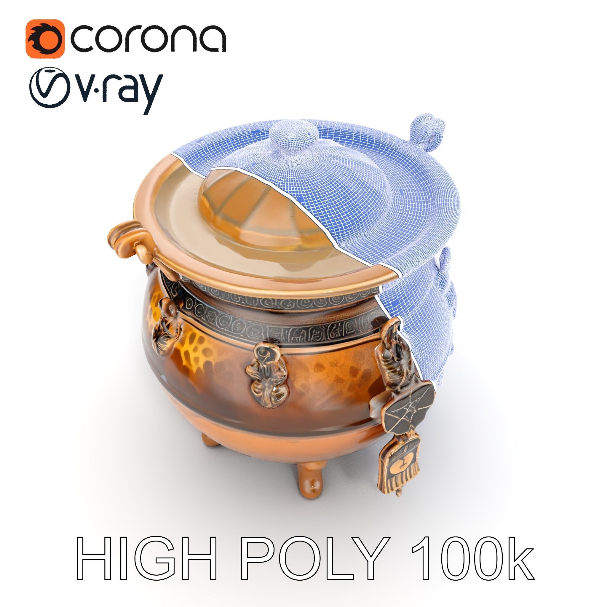 Ornate Bronze Cauldron with Charms Model Pack Low-poly 3D model_35