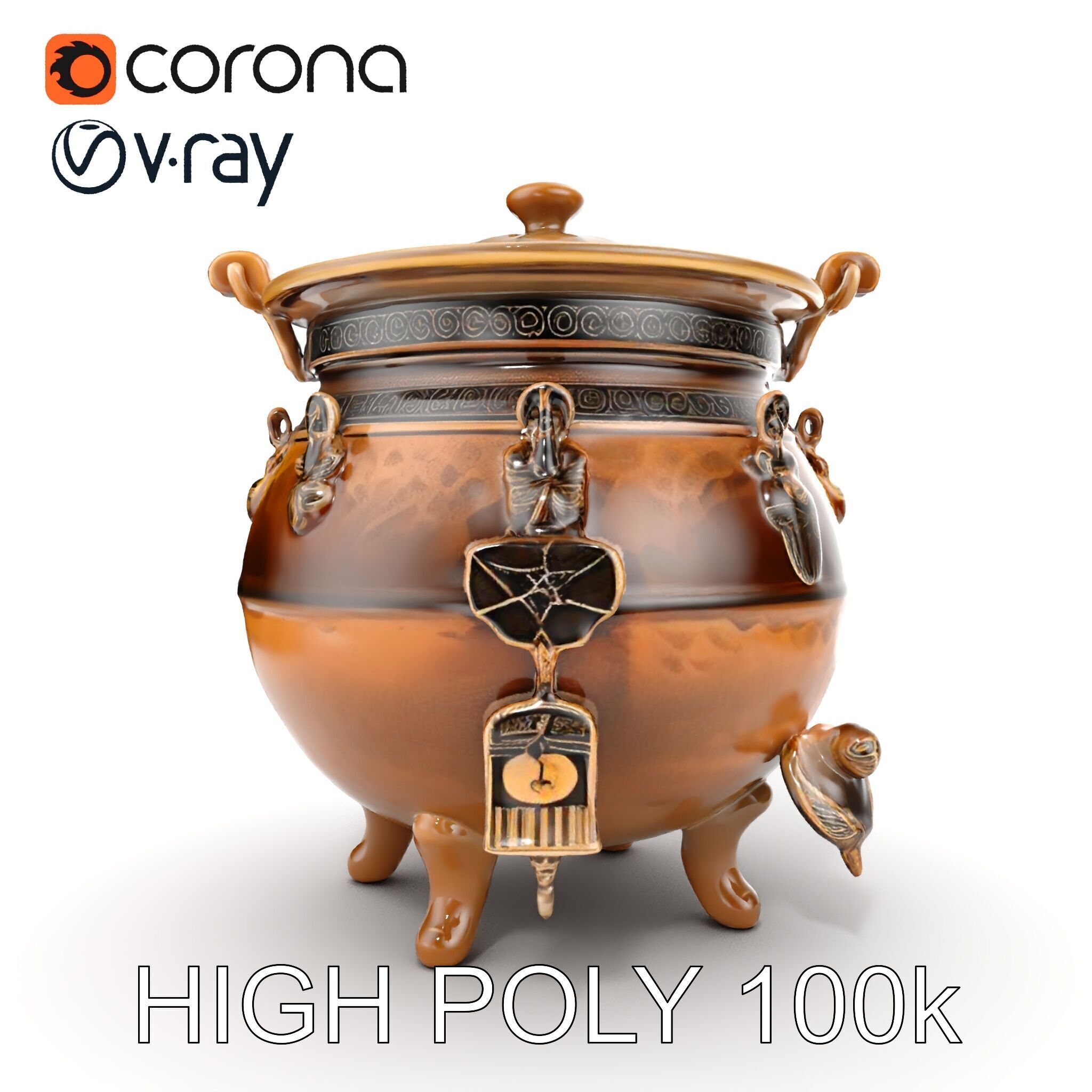 Ornate Bronze Cauldron with Charms Model Pack Low-poly 3D model_16