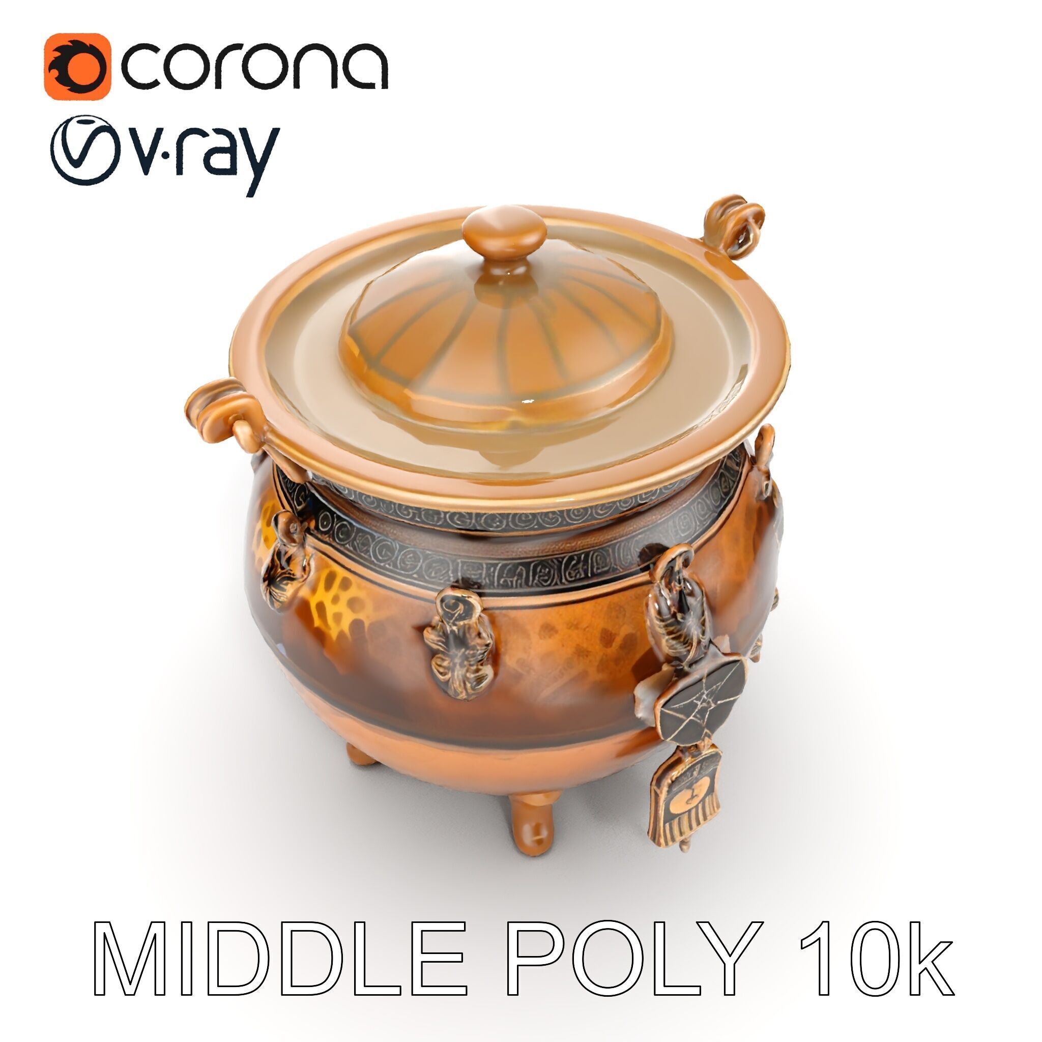 Ornate Bronze Cauldron with Charms Model Pack Low-poly 3D model_11