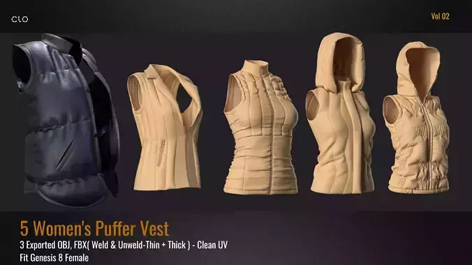 5  Puffer Vests VOL 02 Marvelous Designer file OBJ FBX