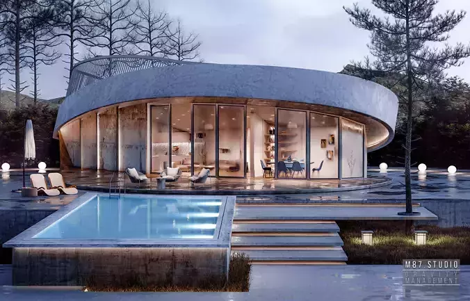 Modern Curved Villa Exterior with Pool and Night Lighting