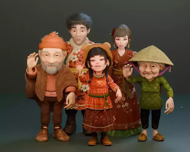 The Fa Family  Stylized RPG Characters and Village World Pack Low-poly 3D model