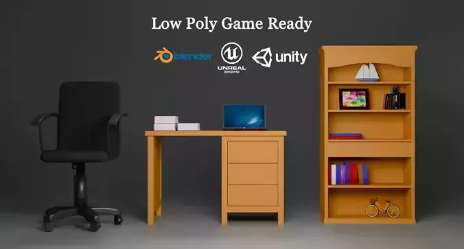 Low Poly Game Ready Office  Study Furniture Pack