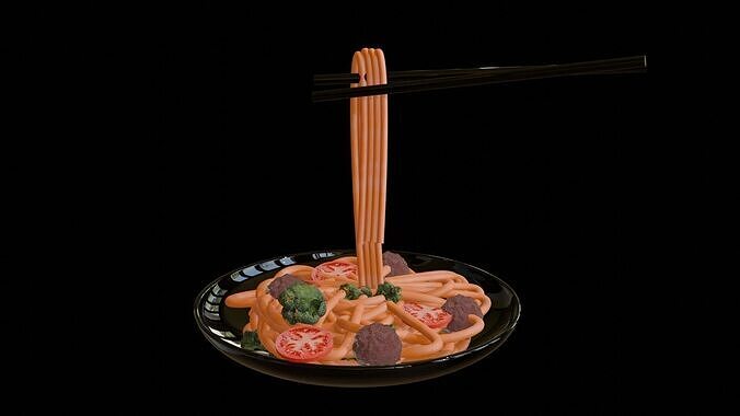 Asian dish fried noodles with broccolis and meatball Low-poly 3D model
