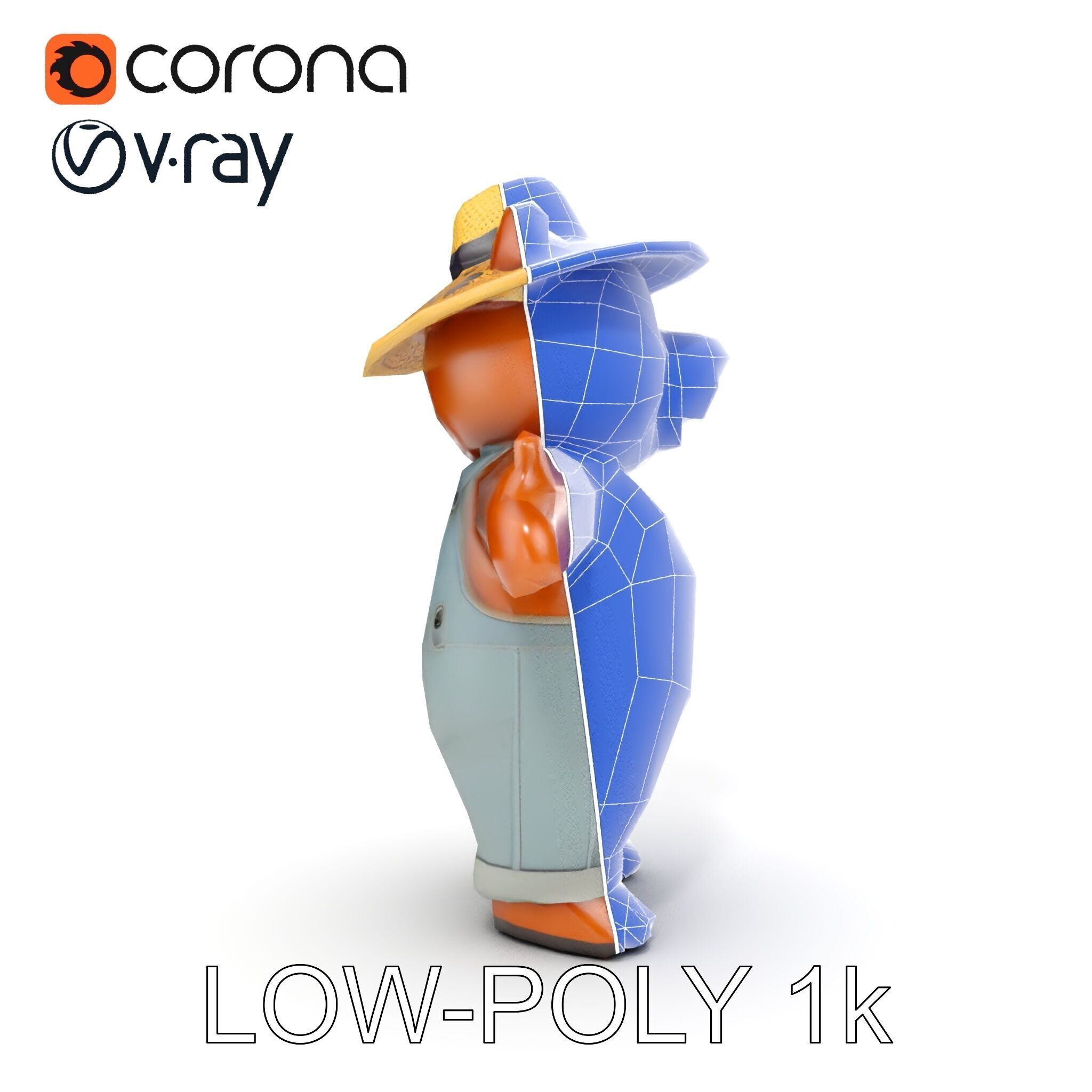 Animated Rigged Bear Character with Overalls and Straw Hat Low-poly 3D model_23