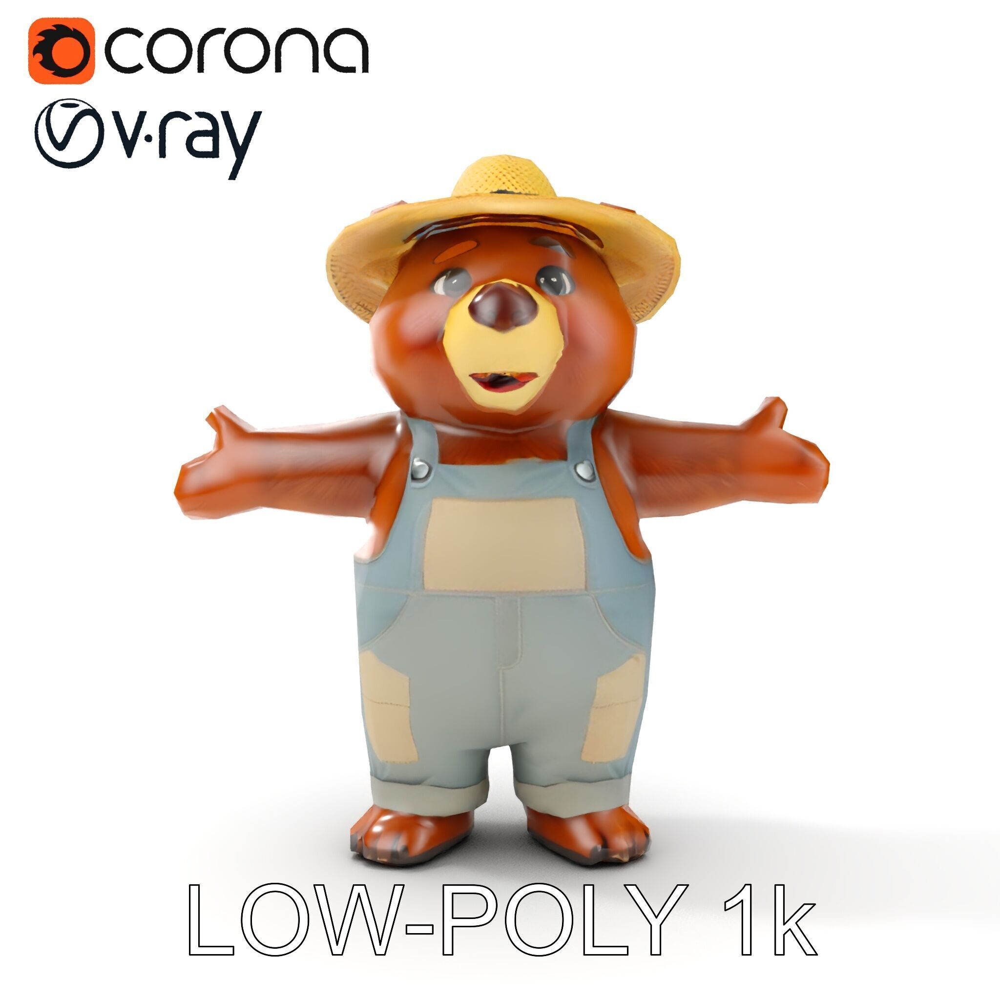 Animated Rigged Bear Character with Overalls and Straw Hat Low-poly 3D model_20
