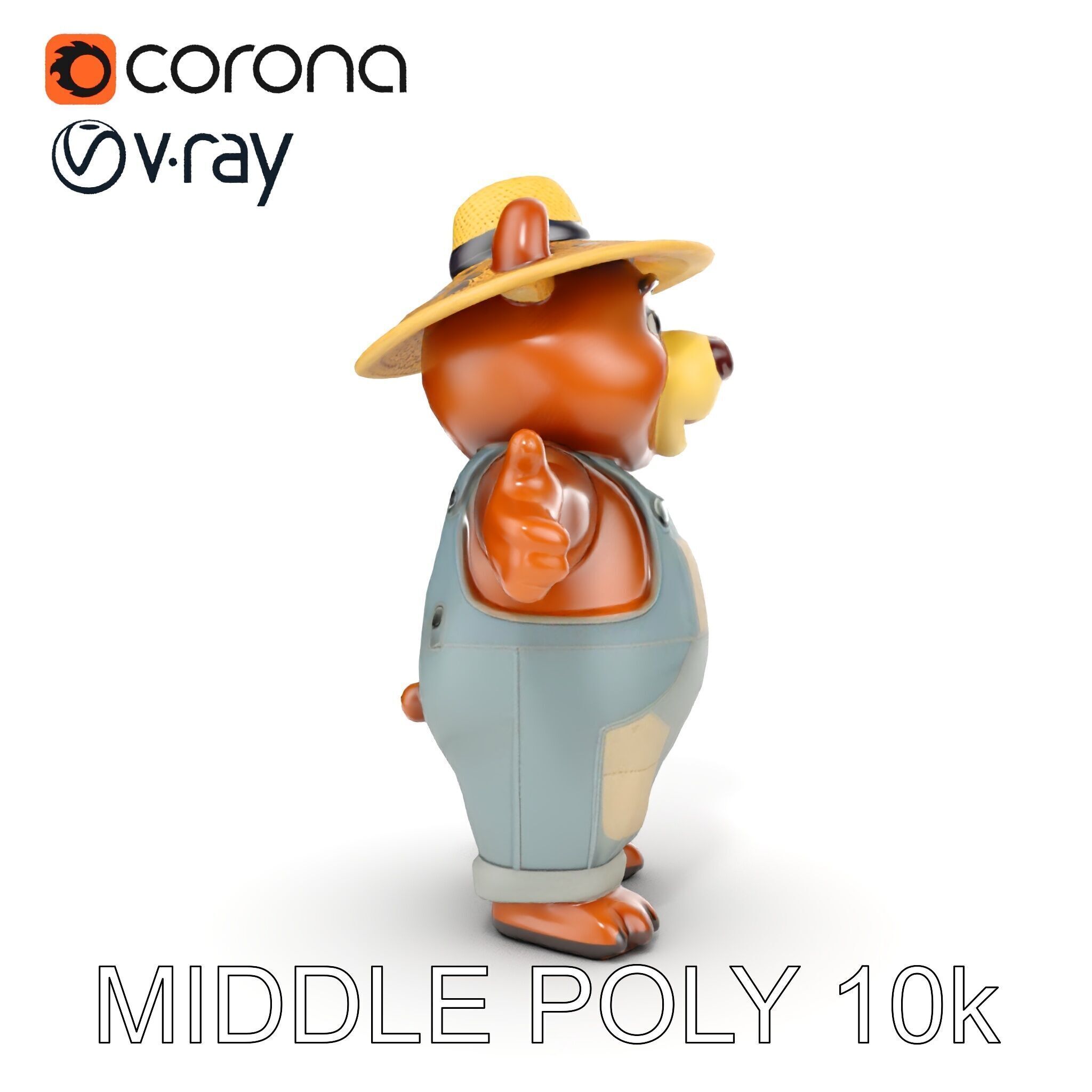 Animated Rigged Bear Character with Overalls and Straw Hat Low-poly 3D model_19