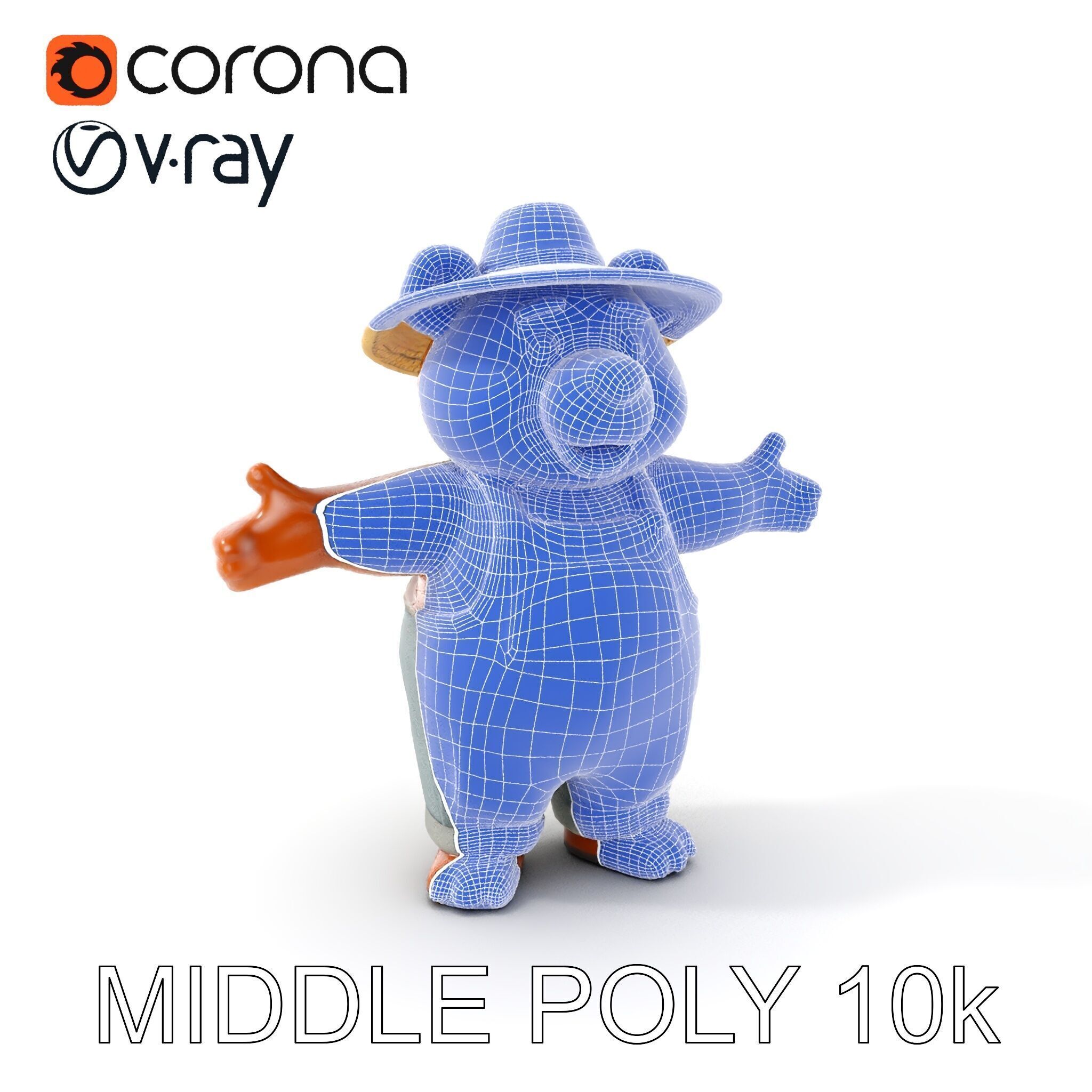 Animated Rigged Bear Character with Overalls and Straw Hat Low-poly 3D model_10