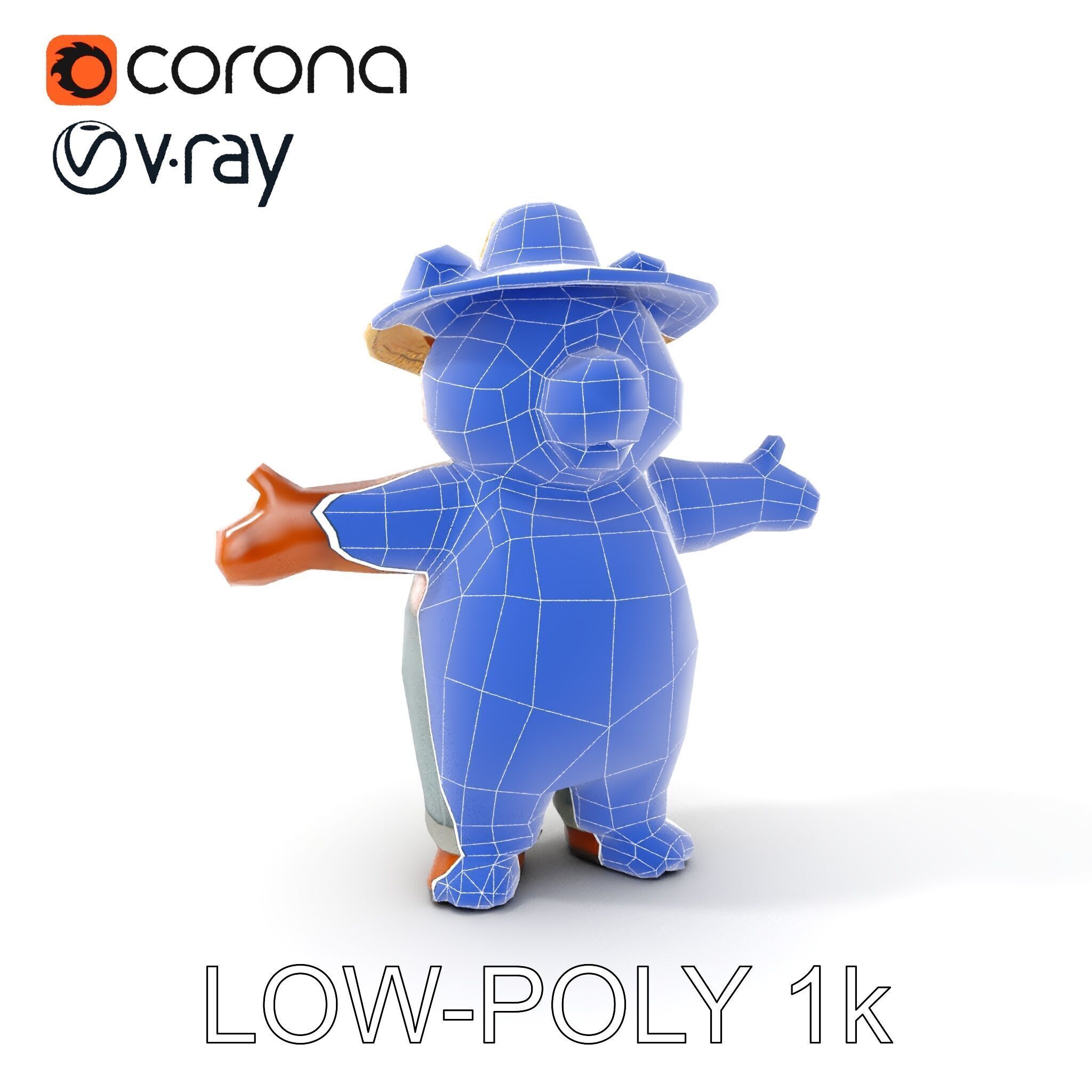 Animated Rigged Bear Character with Overalls and Straw Hat Low-poly 3D model_11