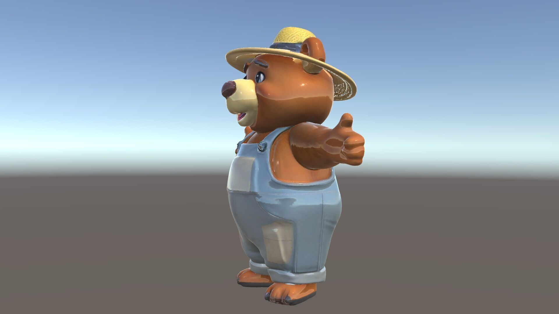 Animated Rigged Bear Character with Overalls and Straw Hat Low-poly 3D model_5
