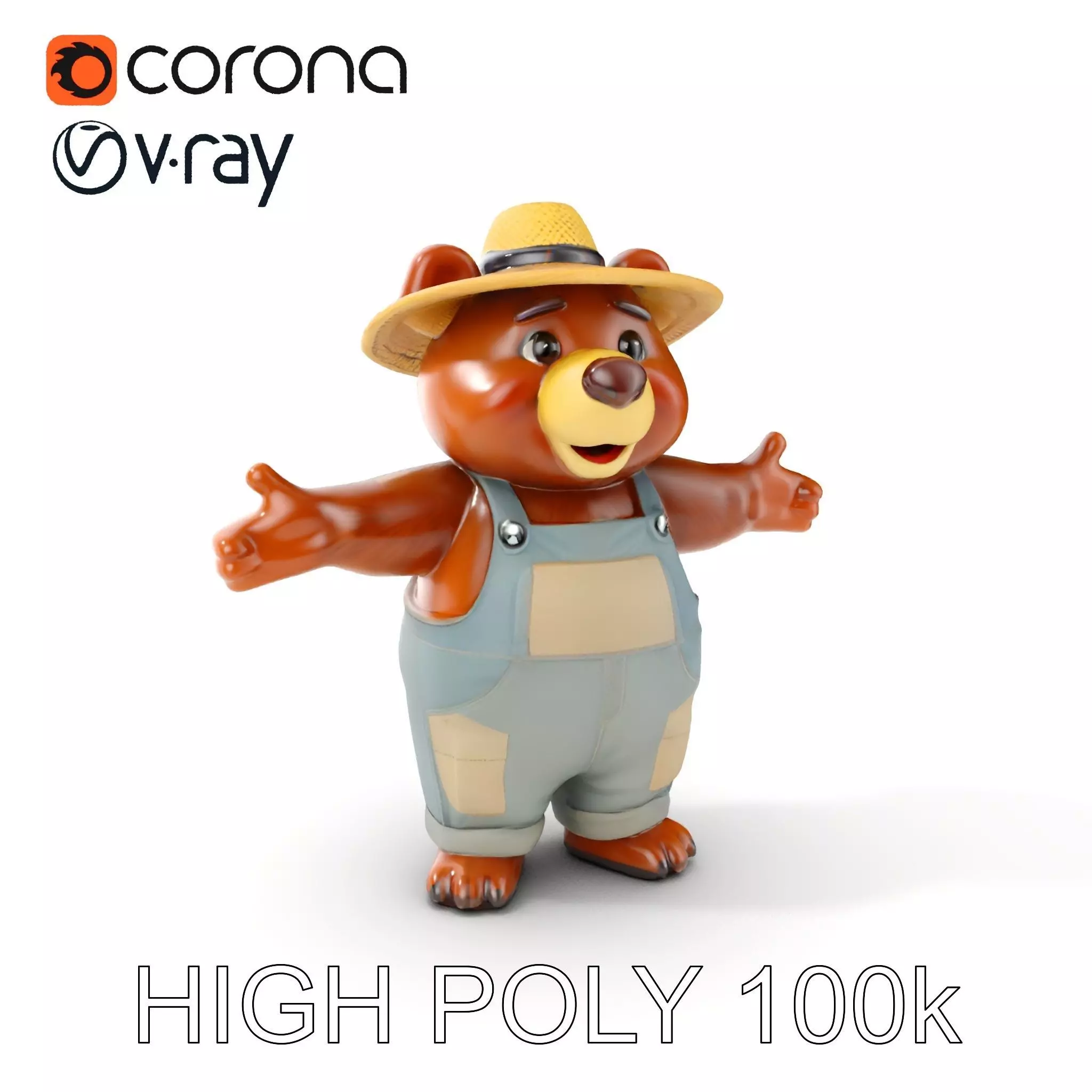 Animated Rigged Bear Character with Overalls and Straw Hat Low-poly 3D model_0