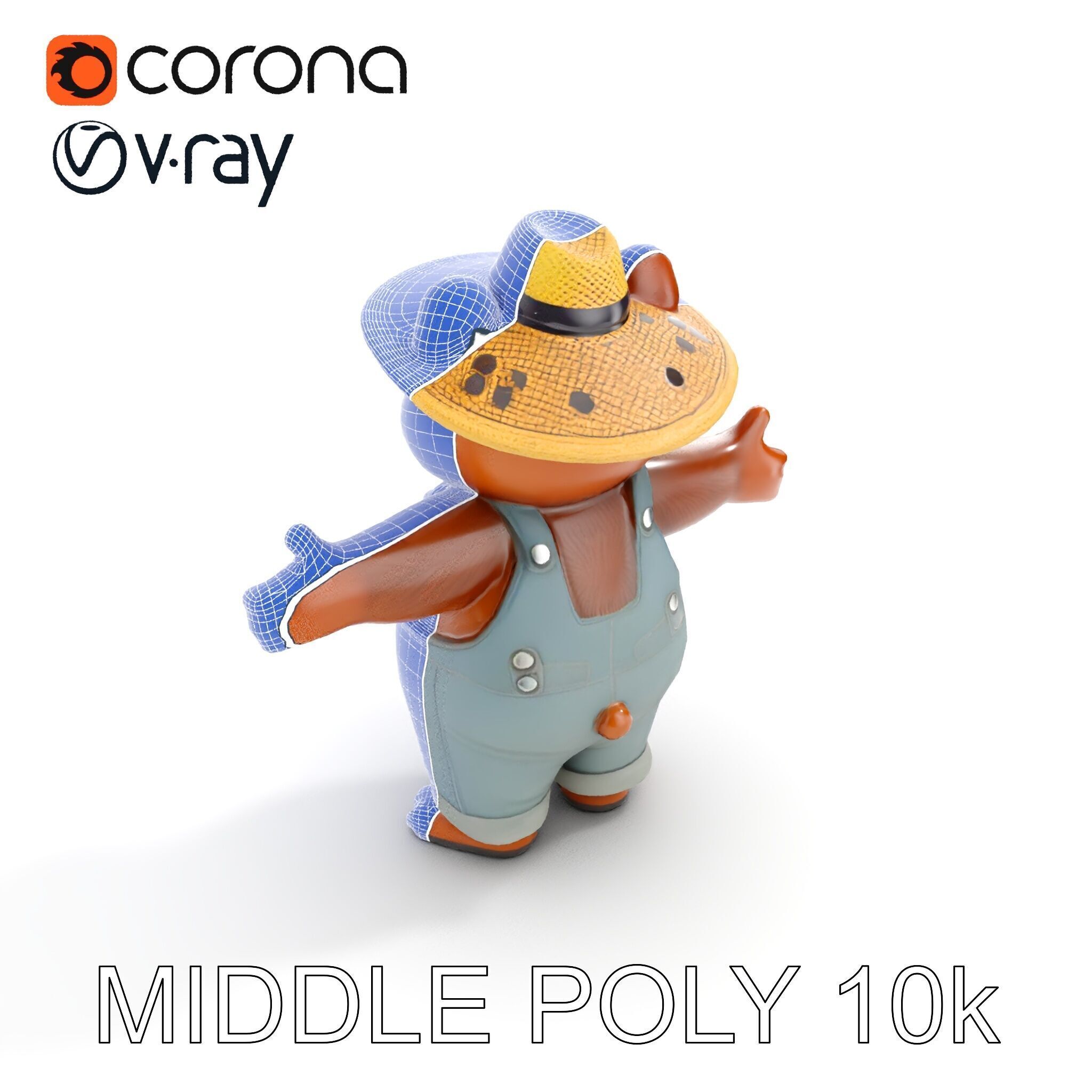 Animated Rigged Bear Character with Overalls and Straw Hat Low-poly 3D model_13
