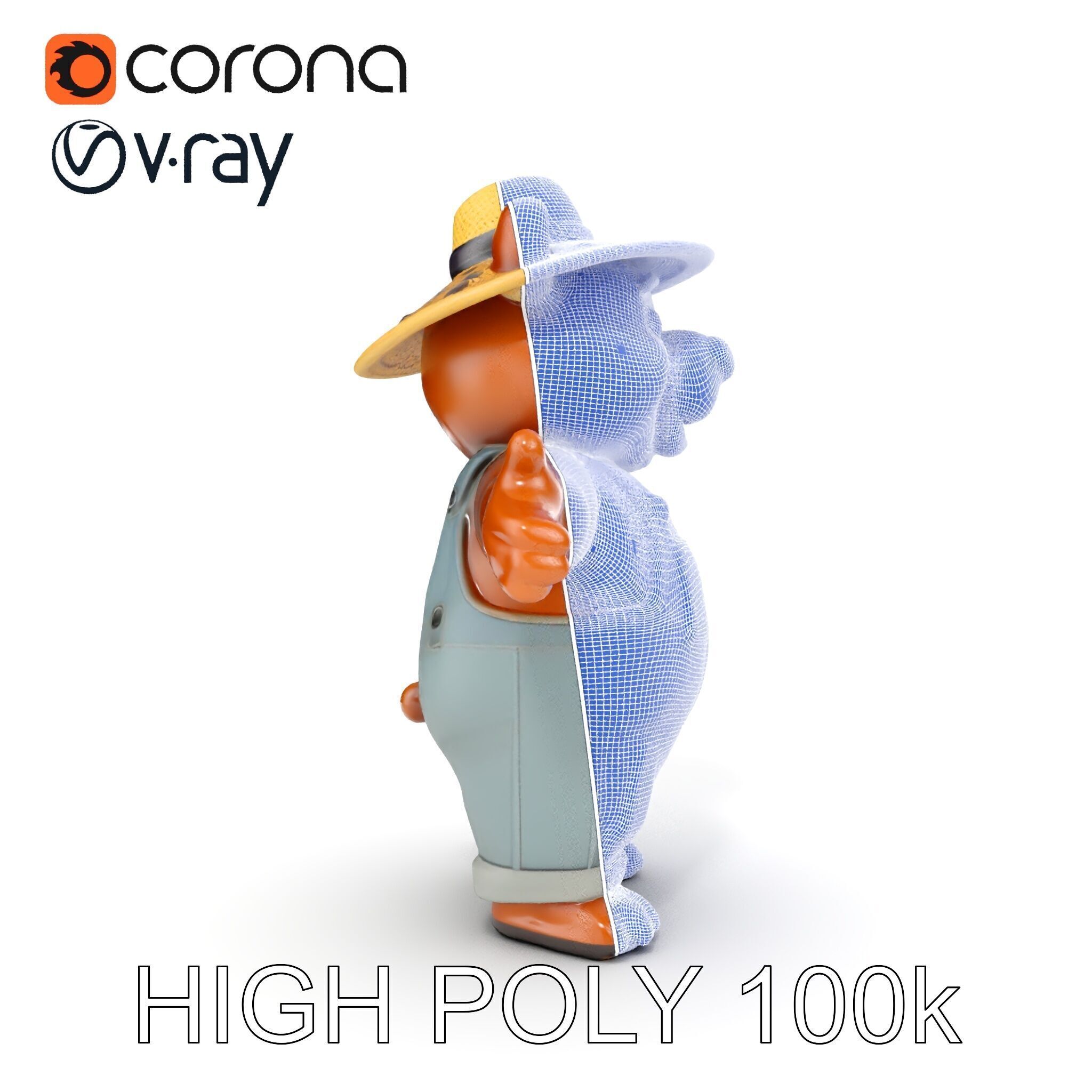Animated Rigged Bear Character with Overalls and Straw Hat Low-poly 3D model_29
