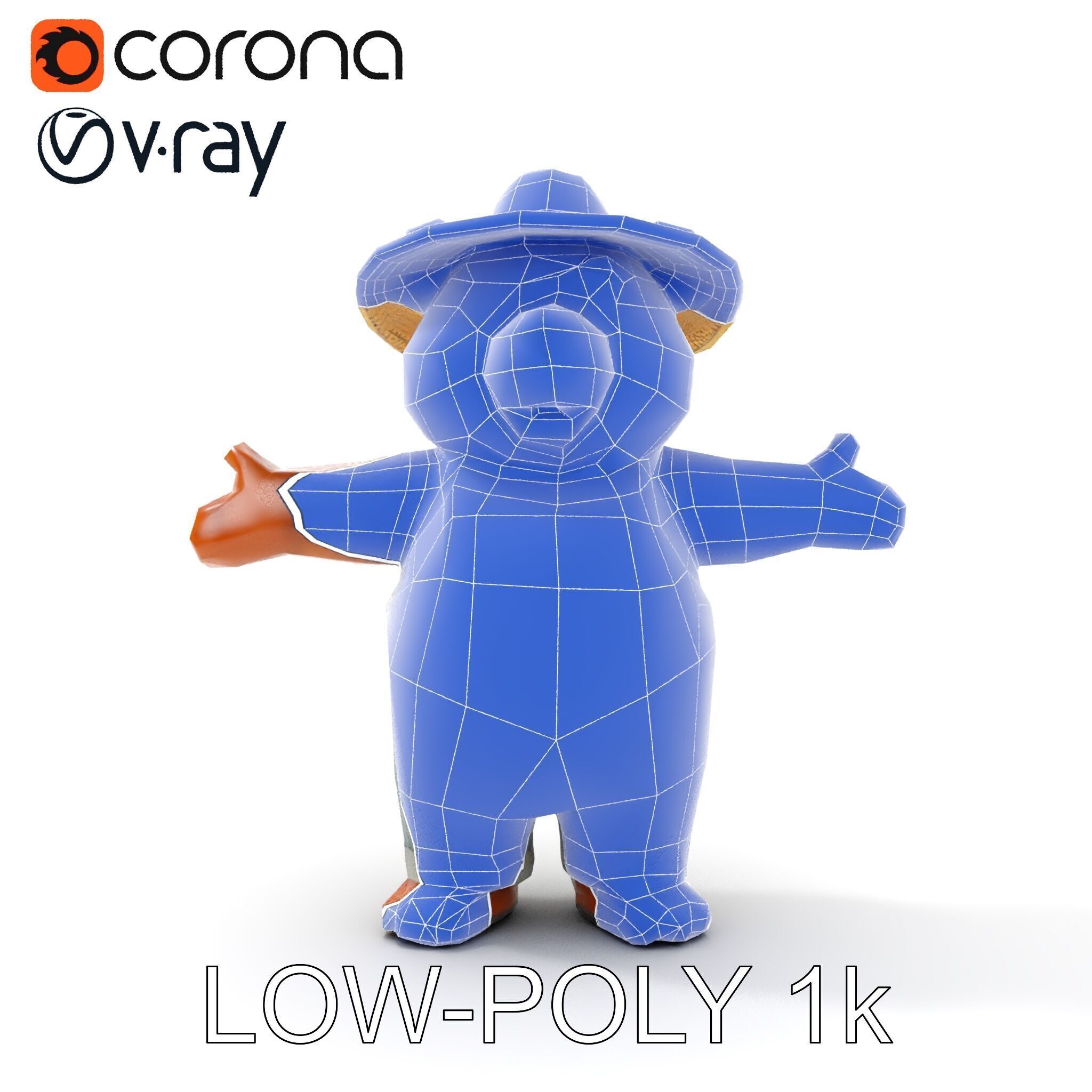 Animated Rigged Bear Character with Overalls and Straw Hat Low-poly 3D model_28