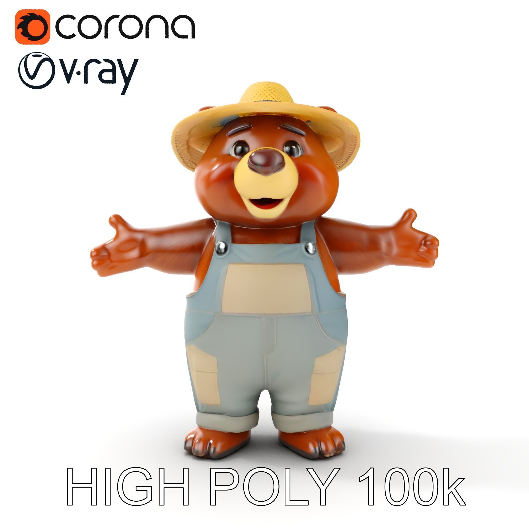 Animated Rigged Bear Character with Overalls and Straw Hat Low-poly 3D model_12