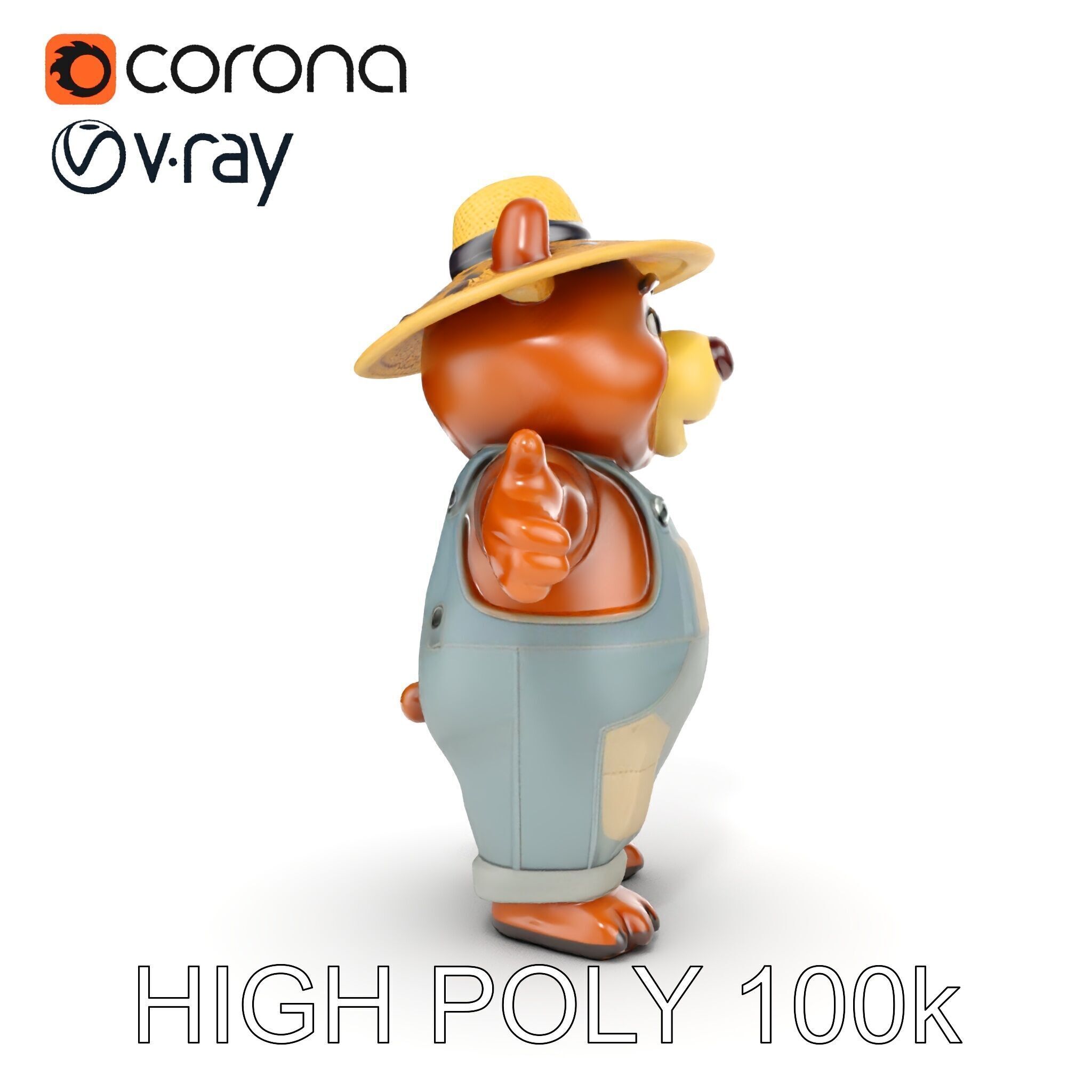 Animated Rigged Bear Character with Overalls and Straw Hat Low-poly 3D model_26