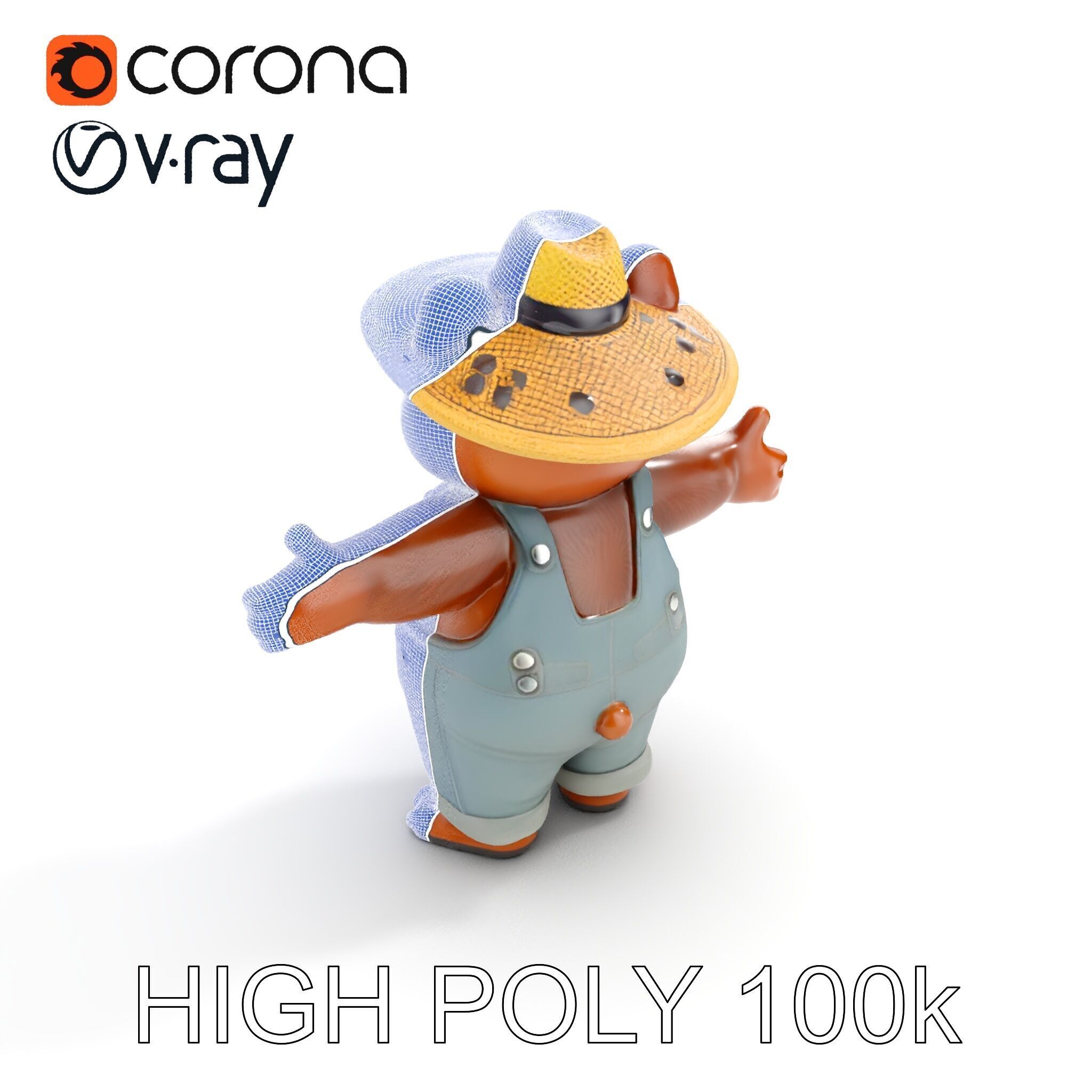 Animated Rigged Bear Character with Overalls and Straw Hat Low-poly 3D model_32