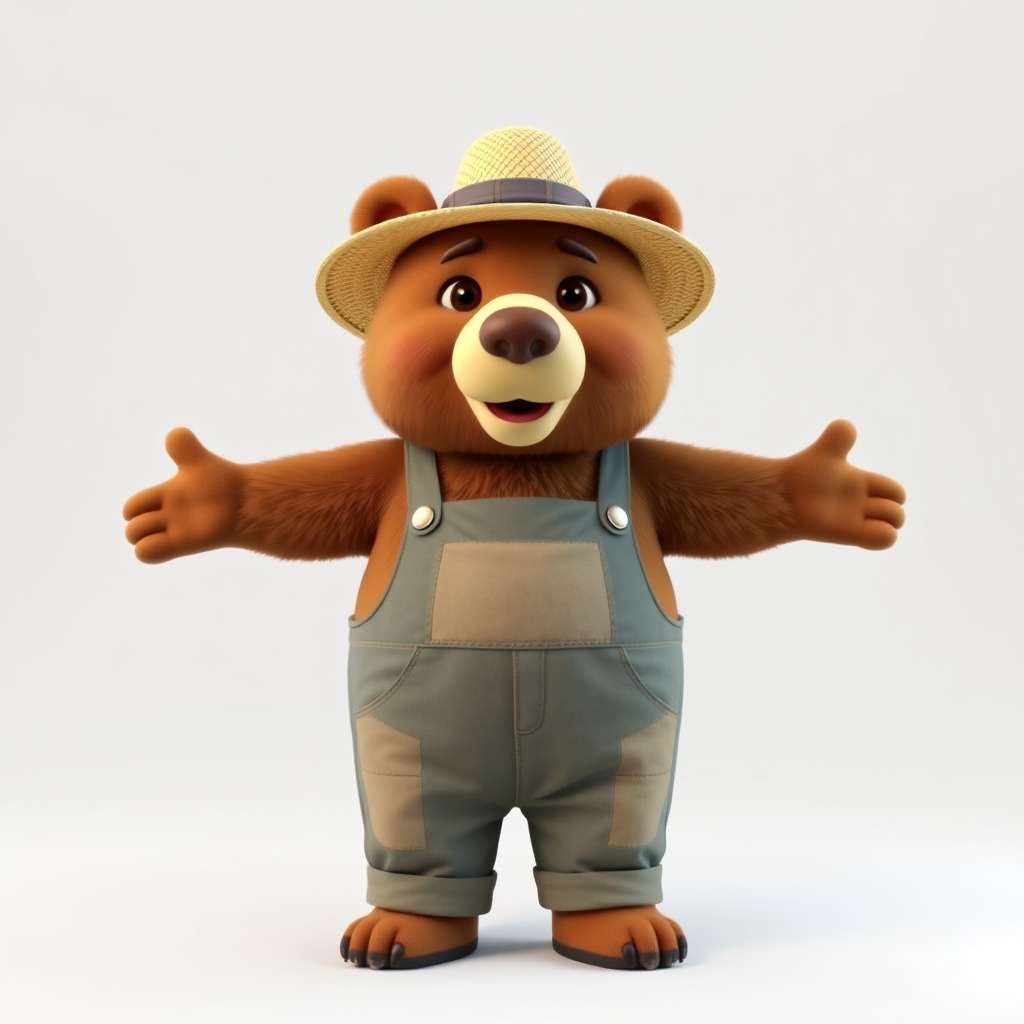 Animated Rigged Bear Character with Overalls and Straw Hat Low-poly 3D model_2