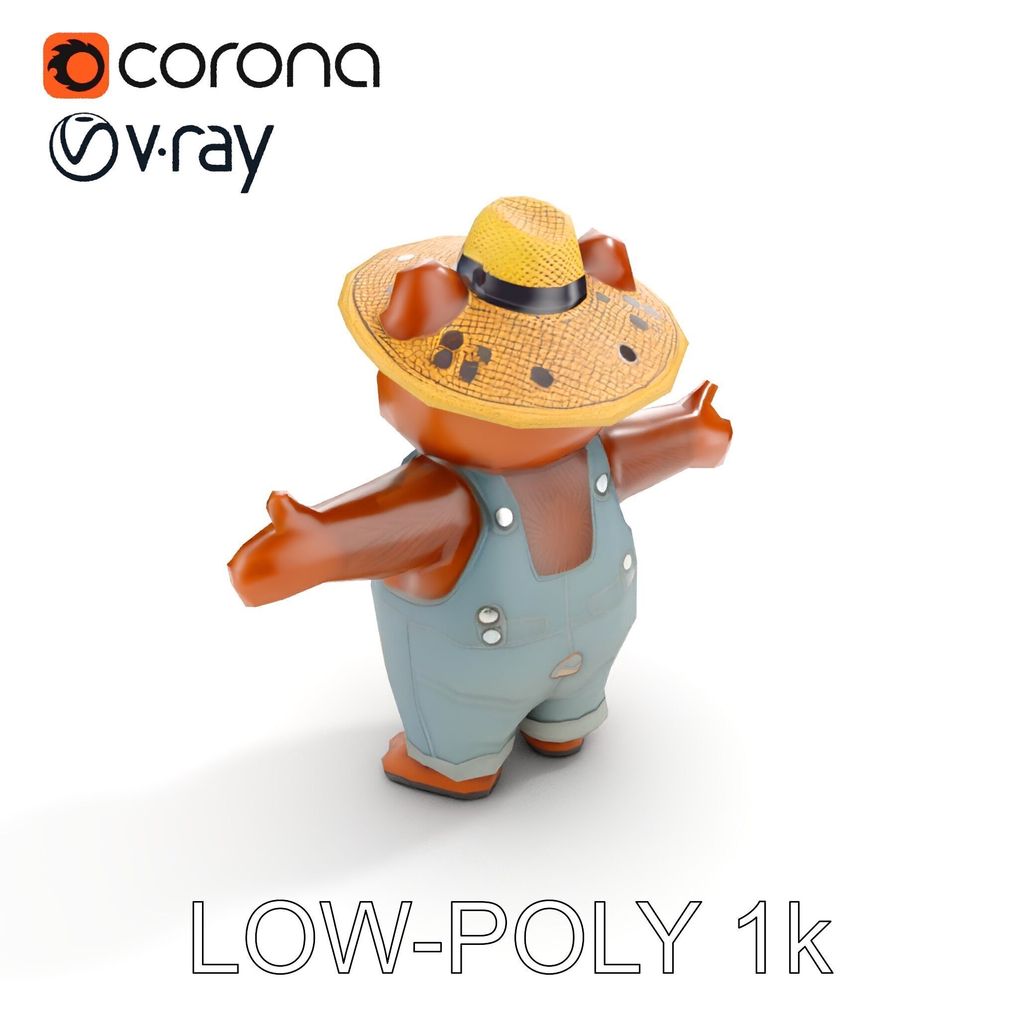 Animated Rigged Bear Character with Overalls and Straw Hat Low-poly 3D model_7