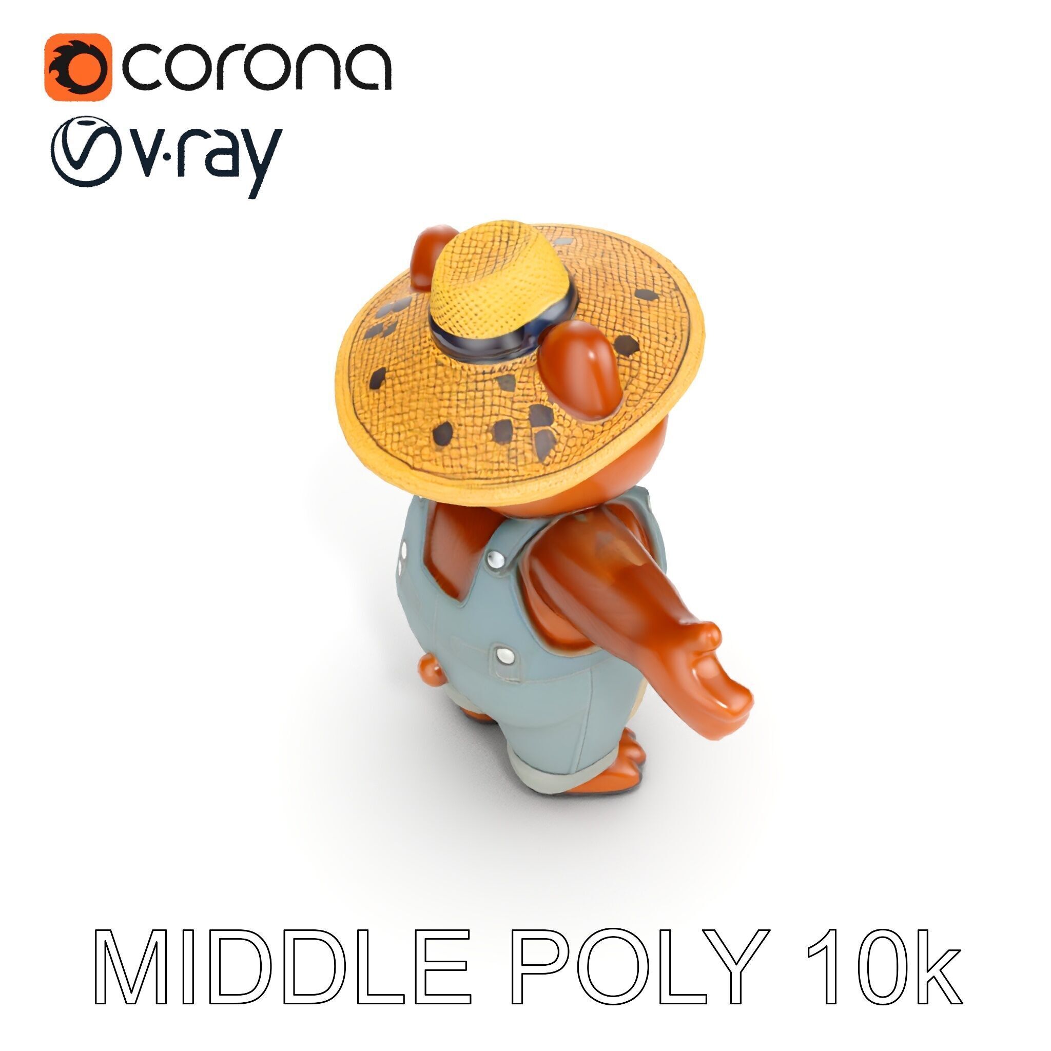 Animated Rigged Bear Character with Overalls and Straw Hat Low-poly 3D model_22