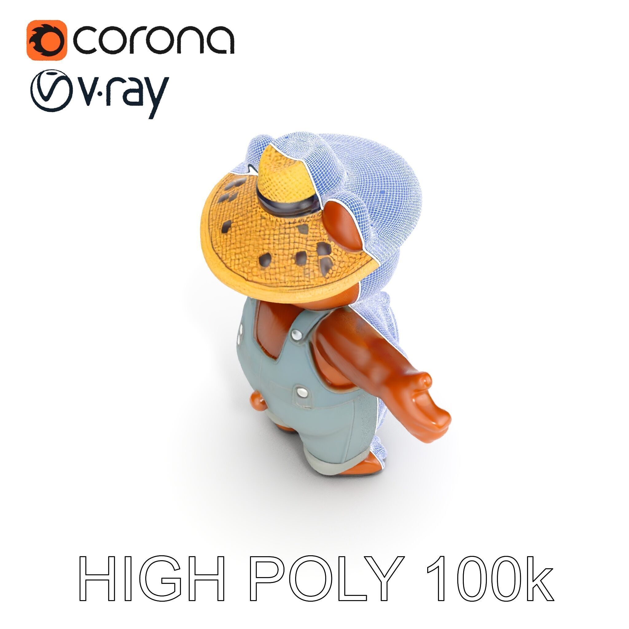 Animated Rigged Bear Character with Overalls and Straw Hat Low-poly 3D model_21