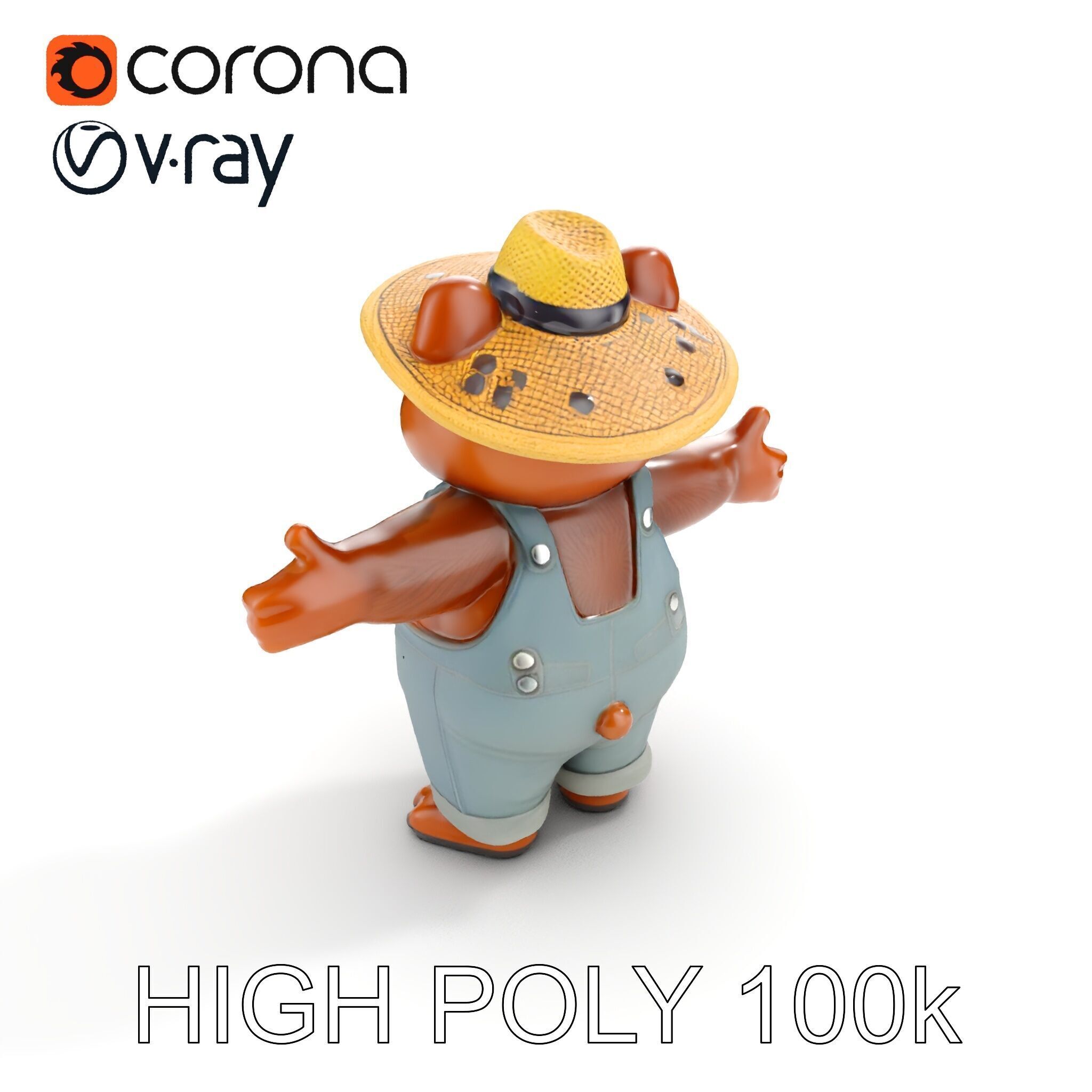 Animated Rigged Bear Character with Overalls and Straw Hat Low-poly 3D model_15