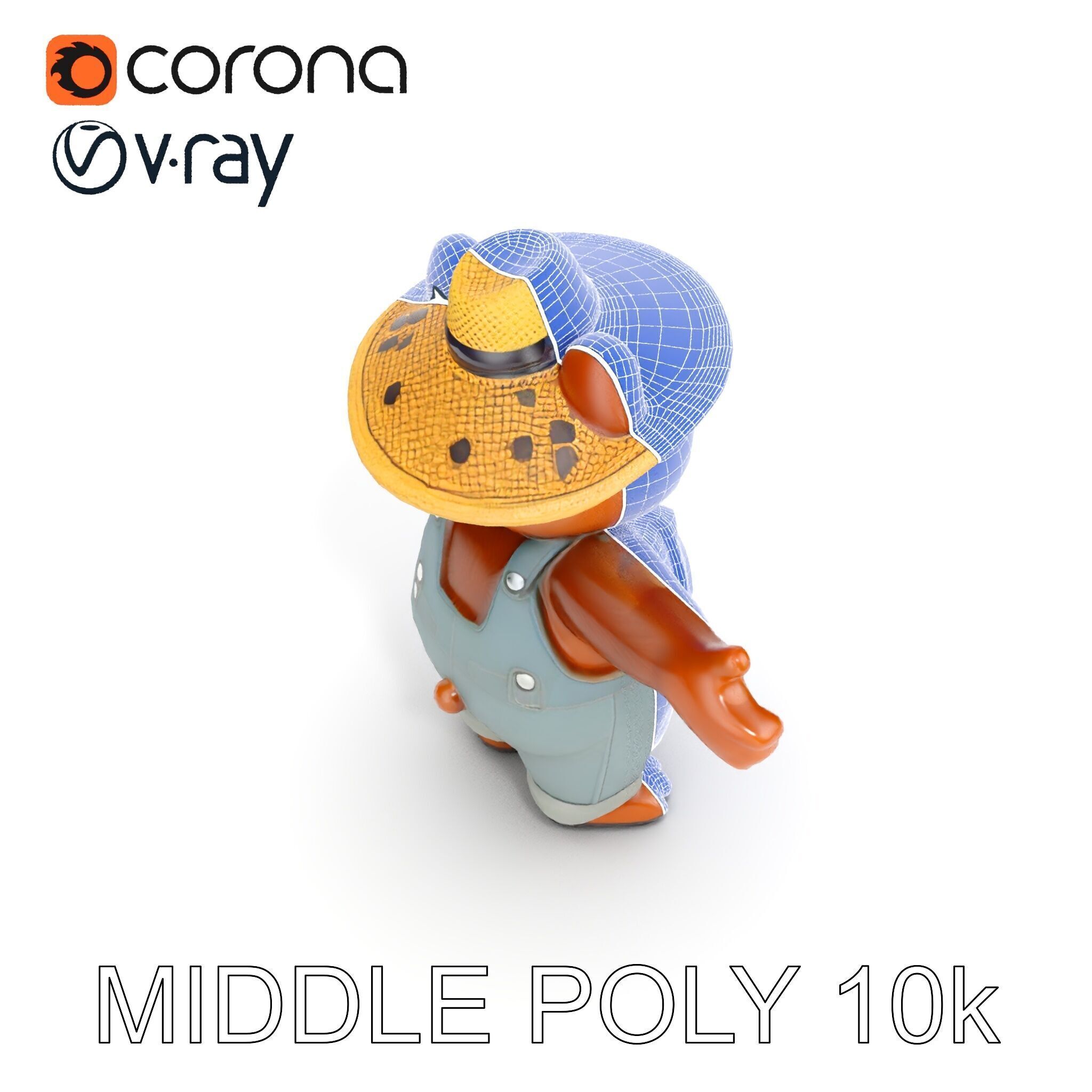Animated Rigged Bear Character with Overalls and Straw Hat Low-poly 3D model_30