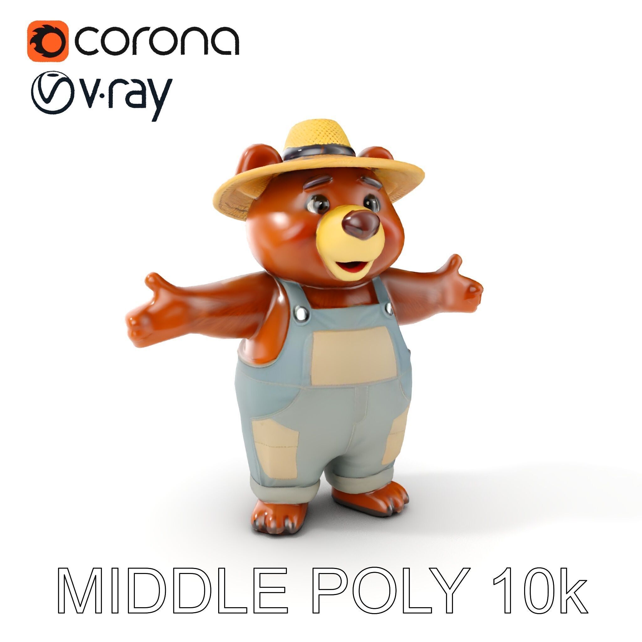 Animated Rigged Bear Character with Overalls and Straw Hat Low-poly 3D model_27