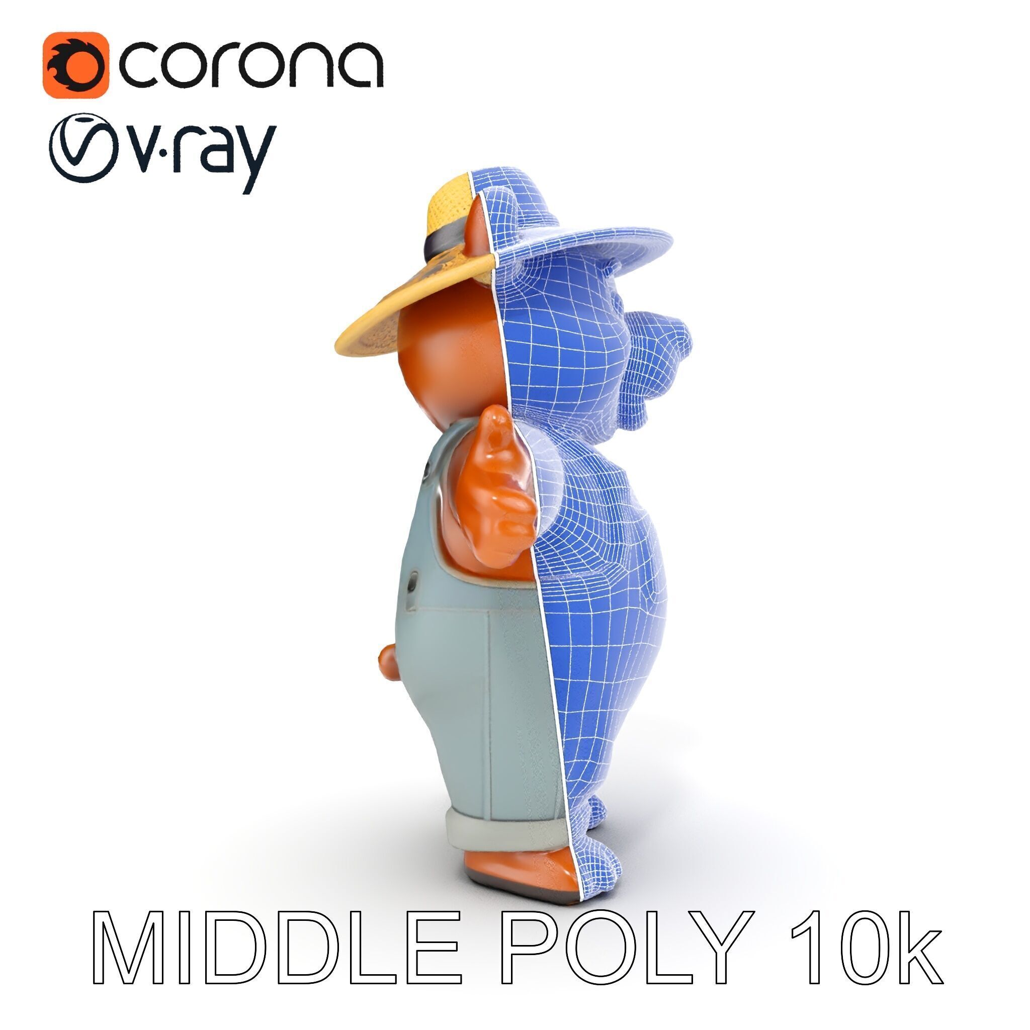 Animated Rigged Bear Character with Overalls and Straw Hat Low-poly 3D model_36